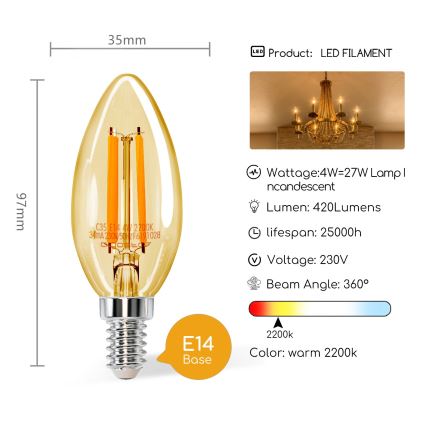 LED Žiarovka C35 E14/4W/230V 2200K - Aigostar