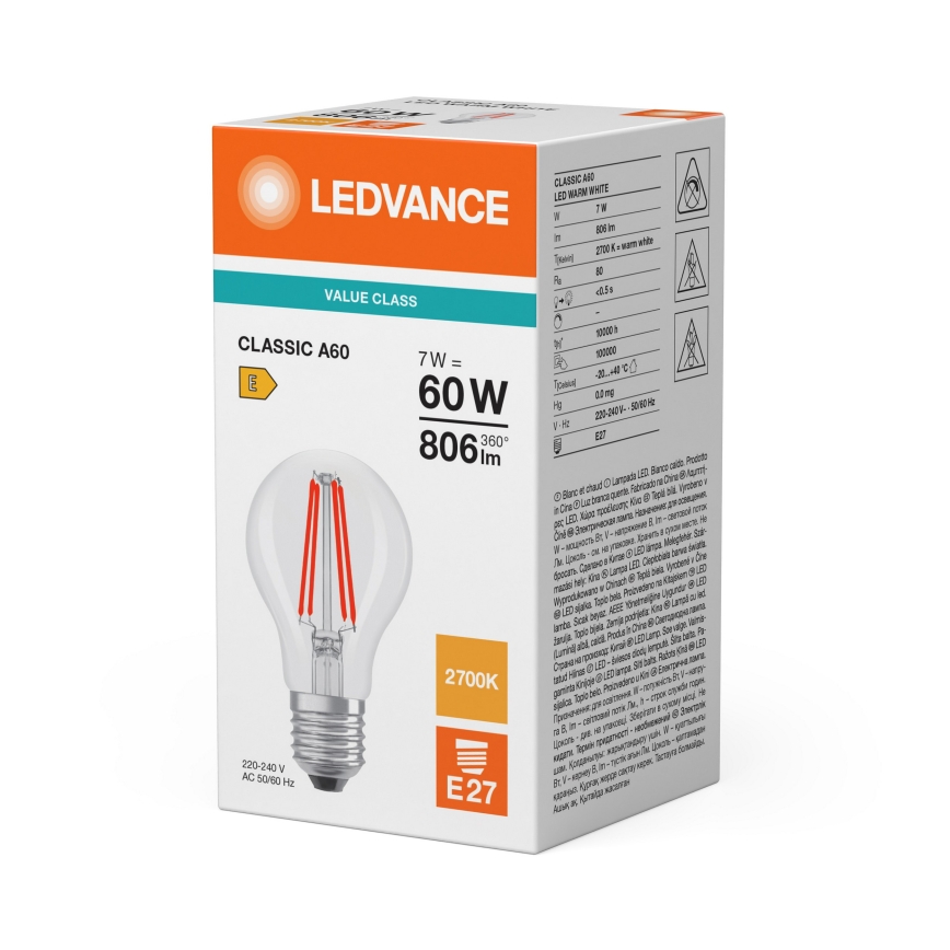 LED žiarovka CLASSIC FILAMENT A60 E27/7W/230V 2700K - Ledvance