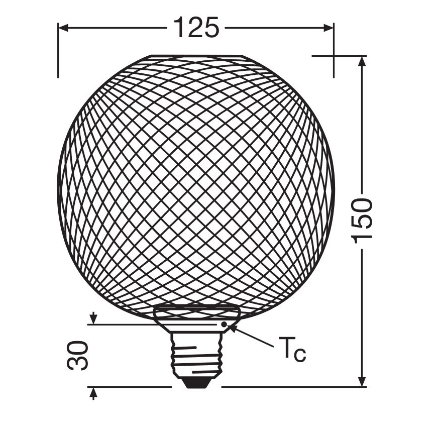Žiarovka s guľovou sieťovanou konštrukciou, priemer 125 mm, výška 150 mm, má klasický závit. Spodný priemer je 30 mm. Označenie Tc.