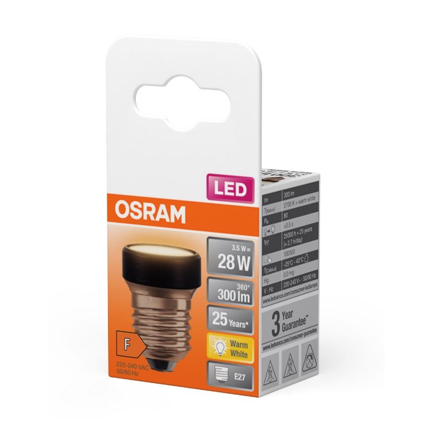 LED žiarovka OSRAM s označením F, E27, 28 W, 300 lm, teplá biela, 25-ročná záruka, je zobrazená v balení. Balenie obsahuje technické informácie.