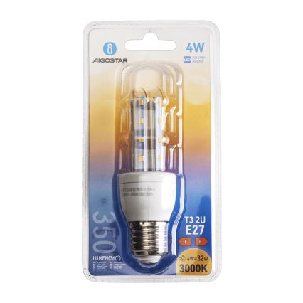 LED žiarovka s označením T3 2U E27, 4W, 350 lumenov (360°), 3000K, je zabalená v plastovom obale. Značka AigoStar.