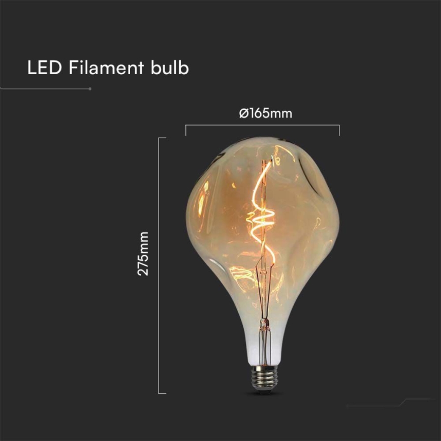 LED vláknová žiarovka s nepravidelným tvarom, svieti, rozmery 275mm x Ø165mm, na tmavom pozadí. LED Filament bulb.