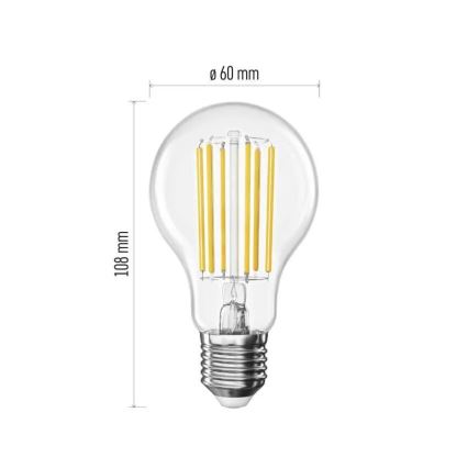 LED žiarovka s priemerom 60 mm a výškou 108 mm je zobrazená na bielom pozadí. Žiarovka má priehľadnú sklenenú banku s viditeľnými vnútornými LED diódami. Je znázornená s rozmermi.