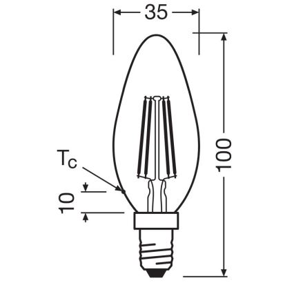 LED žiarovka tvaru sviečky s rozmermi 35 x 100 mm a označením Tc 10 mm je zobrazená v technickom výkrese.