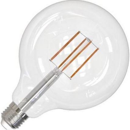 LED žiarovka s guľovitým skleneným telom a viditeľnými medenými LED diódami vo vnútri je zobrazená na bielom pozadí. Žiarovka má štandardný skrutkovací závit.