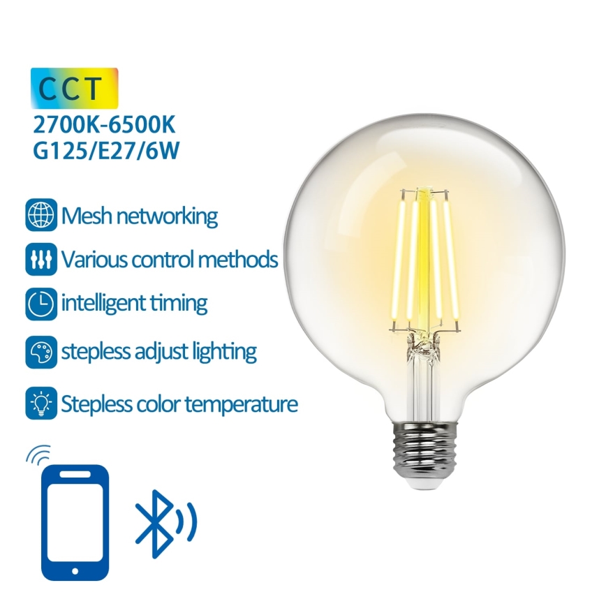 LED Stmievateľná žiarovka FILAMENT MESH Smart G125 E27/6W/230V 2700-6500K - Aigostar