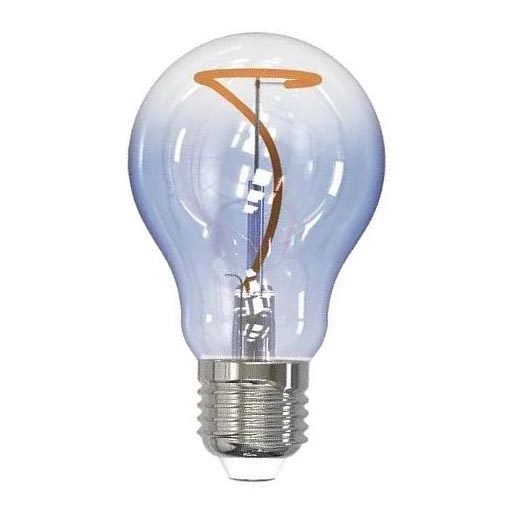 LED žiarovka s vlnovkou tvarovaným vláknom je zobrazená na bielom pozadí. Žiarovka je umiestnená vertikálne. Má sklenený obal a kovový závit.