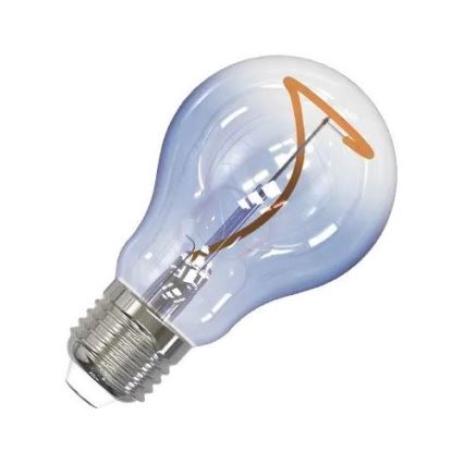LED žiarovka s mierne modrastým sklom a oranžovou vnútornou špirálou je zobrazená na bielom pozadí. Žiarovka má klasický tvar a kovový závit.