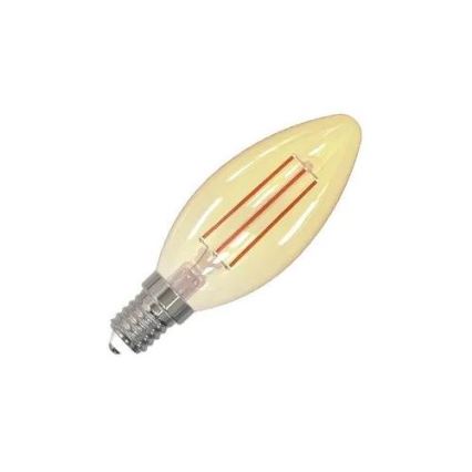 LED svietidlo tvaru sviečky s kovovou objímkou je zobrazené na bielom pozadí. Svietidlo má vnútri tri tenké drôtiky a svetložltú sklenenú časť.