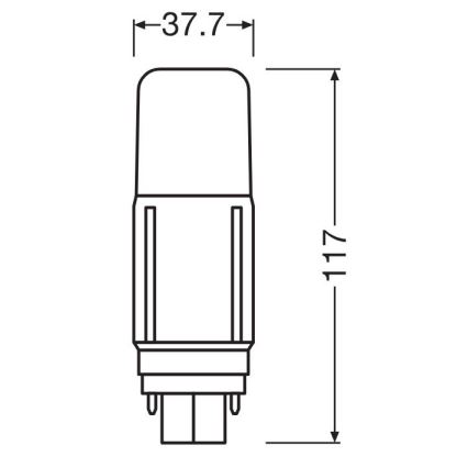 LED žiarovka s rozmermi 37,7 mm x 117 mm je zobrazená v čelnom pohľade. Je znázornený jej tvar a rozmery.