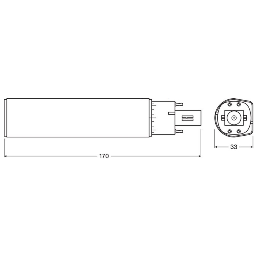 Technický výkres zobrazuje valcovú súčiastku s rozmermi 170 x 33 mm. Súčiastka má na jednom konci pripojenie s kolíkami a na druhom konci závit.