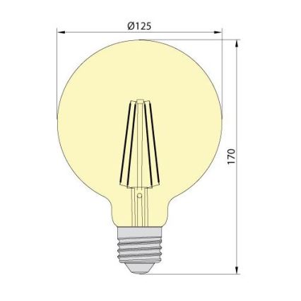 Žiarovka s guľovitým sklom s rozmermi Ø125 x 170 mm, zobrazená v technickom nákrese s vyznačenými rozmermi. Žiarovka má vnútri vlákno.