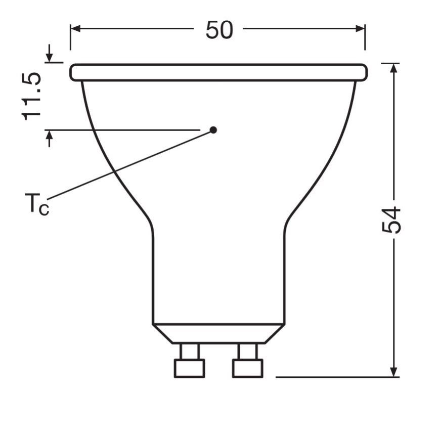 Žiarovka tvaru zvona s rozmermi 50x54 mm a výškou 11,5 mm je znázornená s technickým výkresom. Znázornené sú rozmery a označenie Tc.