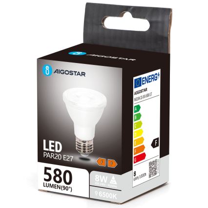 LED žiarovka PAR20 E27, 580 lúmenov (90°), 8W, 6500K, je zobrazená v kartónovej krabici s označením energetickej triedy F. Krabica obsahuje logo AIGOSTAR a technické údaje.
