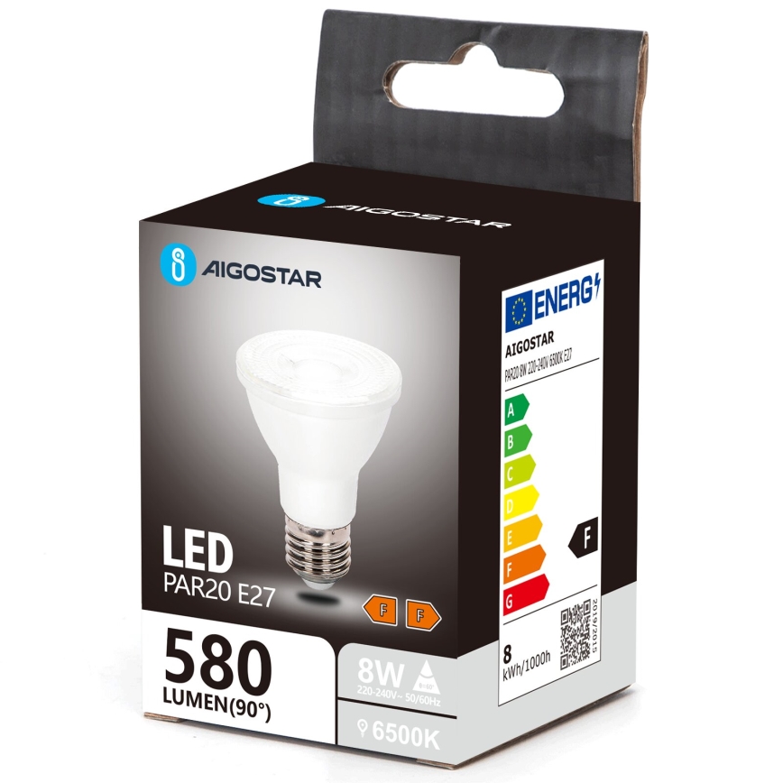 LED žiarovka PAR20 E27, 580 lúmenov (90°), 8W, 6500K, je zobrazená v kartónovej krabici s označením energetickej triedy F. Krabica obsahuje logo AIGOSTAR a technické údaje.