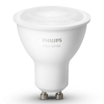 LED žiarovka Philips Hue white svieti. Je biela, má GU10 päticu a je zobrazená na bielom pozadí.