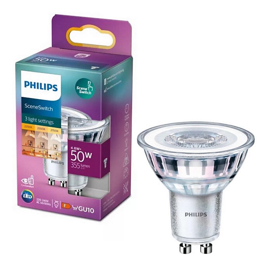LED žiarovka Philips SceneSwitch GU10 s výkonom 4,8W, svietivosťou 355 lúmenov a tromi svetelnými režimami (2200K, 2500K, 2700K) je zobrazená v balení.