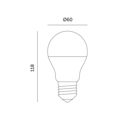 LED žiarovka s priemerom 60 mm a výškou 118 mm je zobrazená v čiarovom nákrese. Nákres obsahuje rozmery žiarovky.