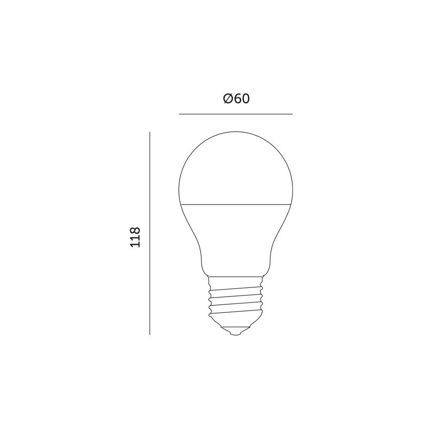 LED žiarovka s priemerom 60 mm a výškou 118 mm je zobrazená v čiarovom nákrese. Nákres obsahuje rozmery žiarovky.
