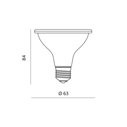 LED žiarovka s rozširujúcim sa skleneným telom a závitom je znázornená v čiernobielej schéme s rozmermi: výška 84 mm, priemer podstavca 63 mm.