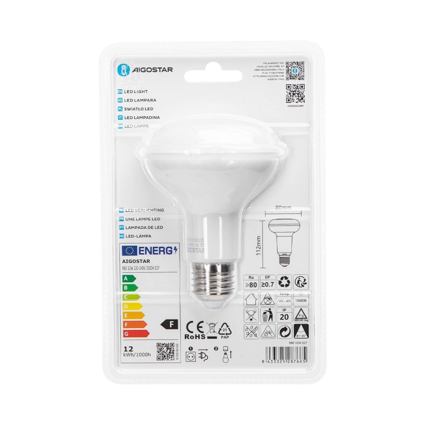 LED Žiarovka R80 E27/12W/230V 3000K - Aigostar