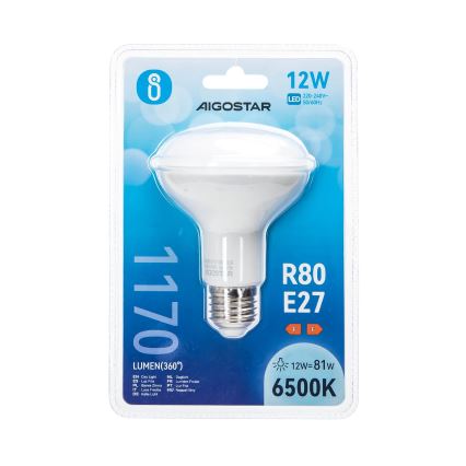 LED žiarovka AIGOSTAR s označením R80 E27, 12W, 6500K, lúmen 360°, je zabalená v plastovom obale. Balenie obsahuje aj popis v niekoľkých jazykoch.