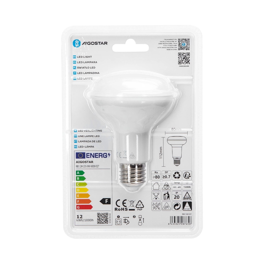 LED žiarovka v plastovom obale. Žiarovka je zobrazená v detailoch s rozmermi. Balenie obsahuje energetickú triedu F a ďalšie technické údaje.