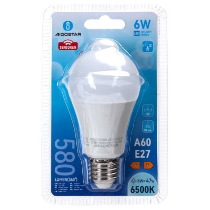 LED žiarovka s pohybovým a súmrakovým senzorom A60 E27/6W/230V 6500K - Aigostar