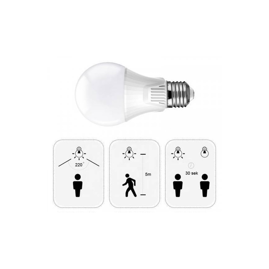 LED žiarovka s detektorom pohybu - svieti po detekcii pohybu v okruhu 220°, do vzdialenosti 5 metrov, po dobu 30 sekúnd.