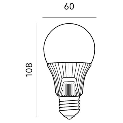 LED žiarovka s rozmermi 108 x 60 mm je znázornená v čiernobielej schéme. Žiarovka má guľovitý vrch a skrutkovací závit.