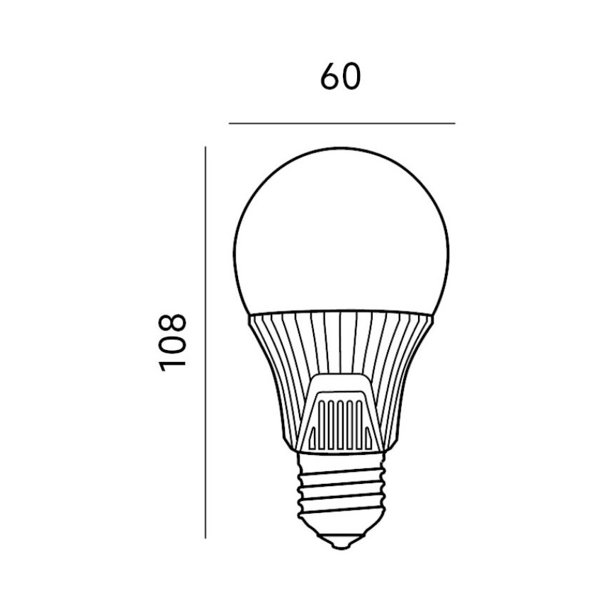 LED žiarovka s rozmermi 108 x 60 mm je znázornená v čiernobielej schéme. Žiarovka má guľovitý vrch a skrutkovací závit.
