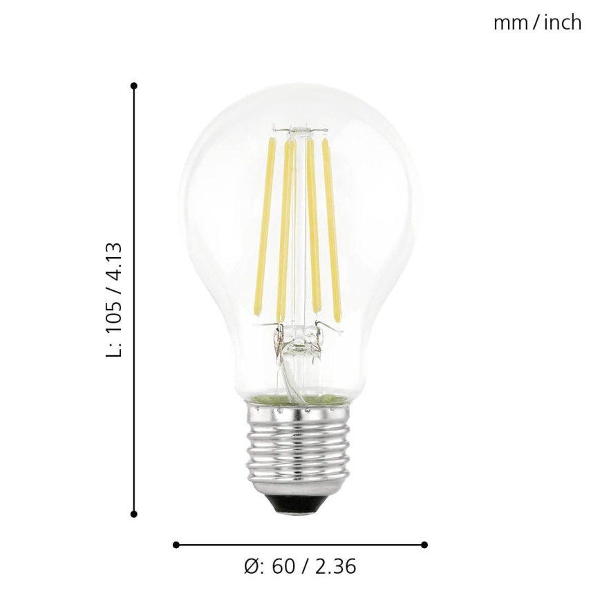 LED žiarovka s filamentmi je zobrazená na bielom pozadí. Je uvedená jej výška 105 mm/4,13 palca a priemer 60 mm/2,36 palca.