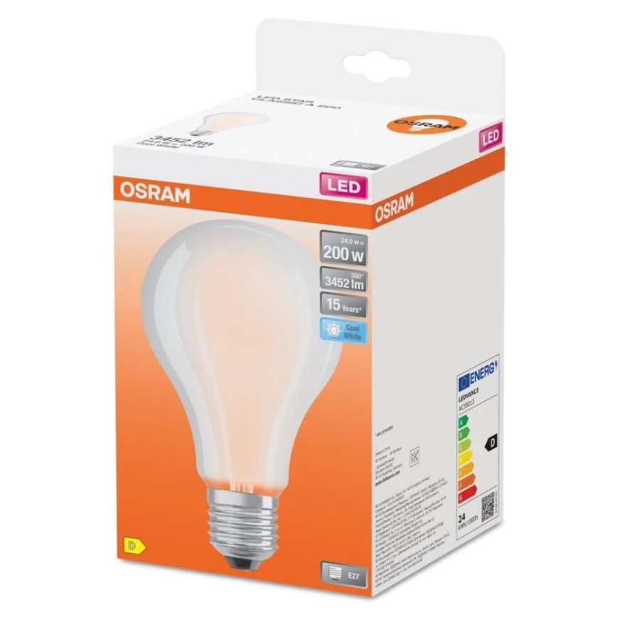 LED žiarovka OSRAM je zobrazená v balení. Balenie uvádza: 200 W, 3452 lm, 15 rokov životnosti, chladná biela, E27. Energetická trieda D.