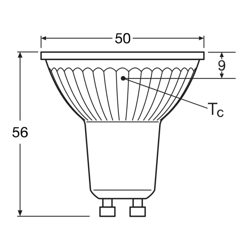 LED žiarovka s rozmermi 50 x 56 mm a výškou Tc je znázornená v čelnom pohľade s technickým výkresom. Žiarovka má zúžený tvar s rebrovanou časťou na vrchu.