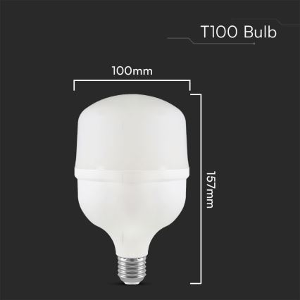 Žiarovka T100 typu LED je zobrazená na tmavom pozadí. Má valcovitý tvar s guľovitým vrchlom, rozmery 100 mm a 157 mm. Je vybavená klasickým skrutkovým závitom.