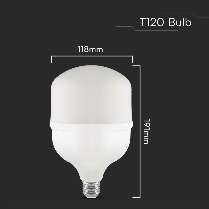 Biela LED žiarovka typu T120 s rozmermi 118 mm v priemere a 191 mm na výšku je zobrazená na tmavom pozadí. Žiarovka má štandardný skrutkový závit.