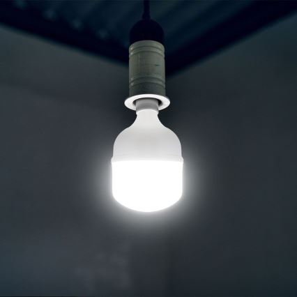 LED žiarovka svieti. Je zavesená na šnúre z tmavšieho stropu v tmavej miestnosti.