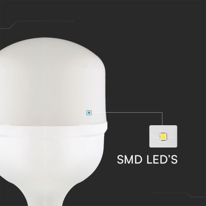 Biela LED žiarovka s guľovitým tvarom svieti. Je zobrazená detailne s vyznačením SMD LED diód. Text na obrázku: SMD LED's.