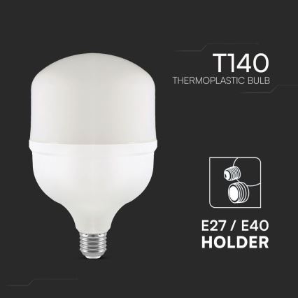 Žiarovka T140 z termoplastu s objemným telom a skrutkovacím závitom E27/E40 je zobrazená na tmavom pozadí.