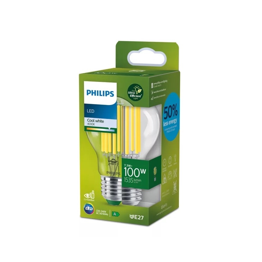 LED žiarovka Philips v balení. Žiarovka je chladená biela, 4000K, 7,3W, nahrádza 100W žiarovku, svietivosť 1535 lúmenov, pätica E27. Balenie uvádza 60% úsporu energie.