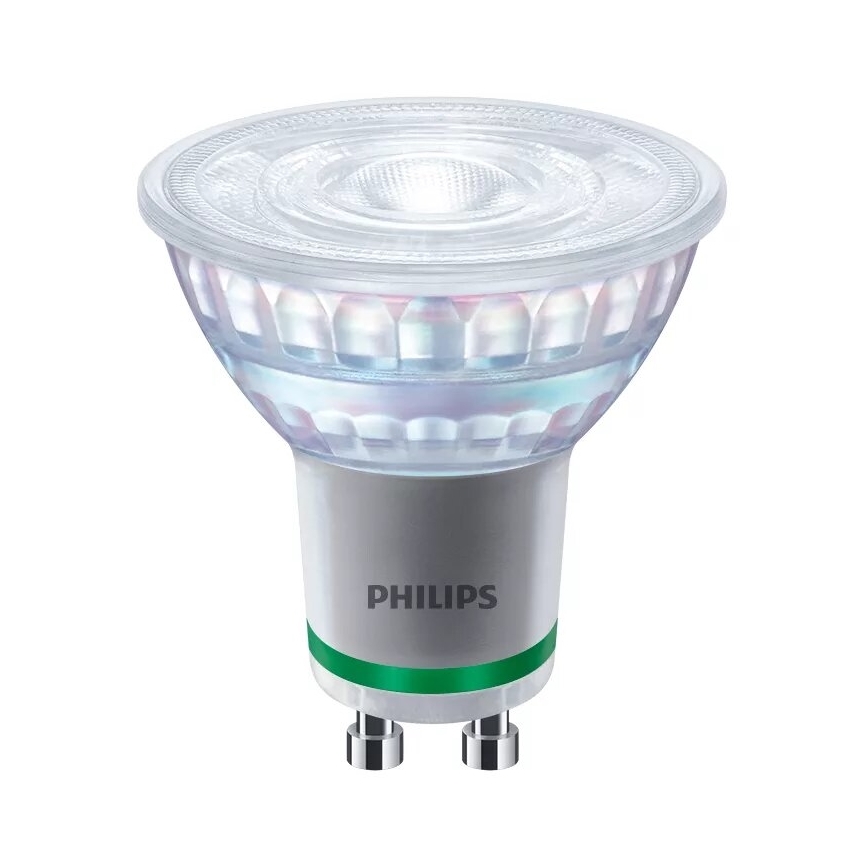 LED žiarovka Philips svieti. Má priehľadný vrch a strieborný spodok s nápisom „PHILIPS“ a zeleným prstencom. Je umiestnená na bielom pozadí.