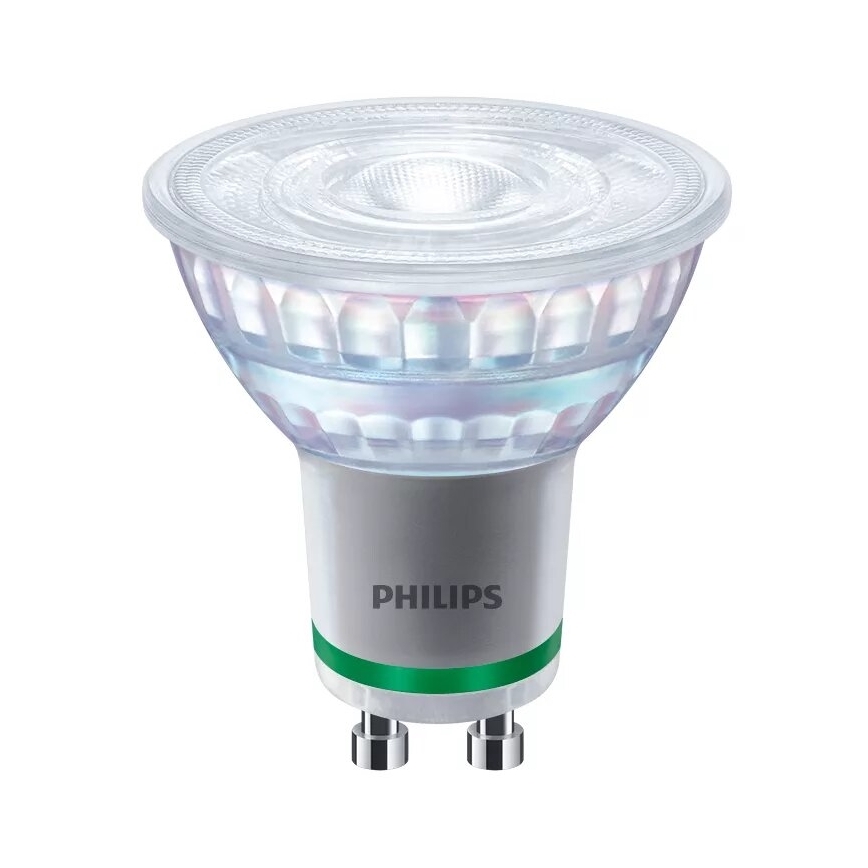 LED žiarovka Philips svieti. Je guľatého tvaru, s priehľadnou hornou časťou a strieborným telom. Na spodku je zelený prúžok a nápis PHILIPS.