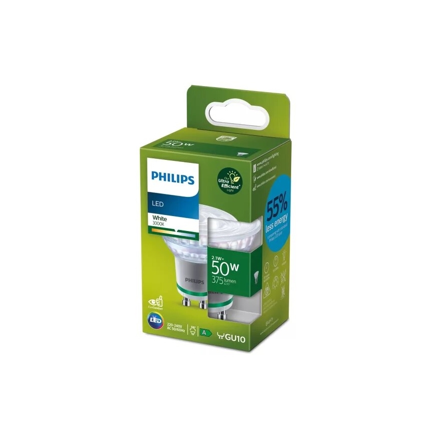 LED žiarovka Philips je zabalená v kartónovej krabičke. Žiarovka má označenie 2,1W, 50W, 375 lumen, 3000K, GU10. Krabica uvádza, že žiarovka spotrebuje o 55% menej energie.