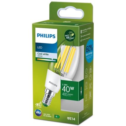 LED žiarovka Philips s chladným bielym svetlom (4000K), 2,3W, 40W ekvivalent, 485 lúmenov, pätica E14, balená v kartónovej škatuli. Uvádza 60% úsporu energie.