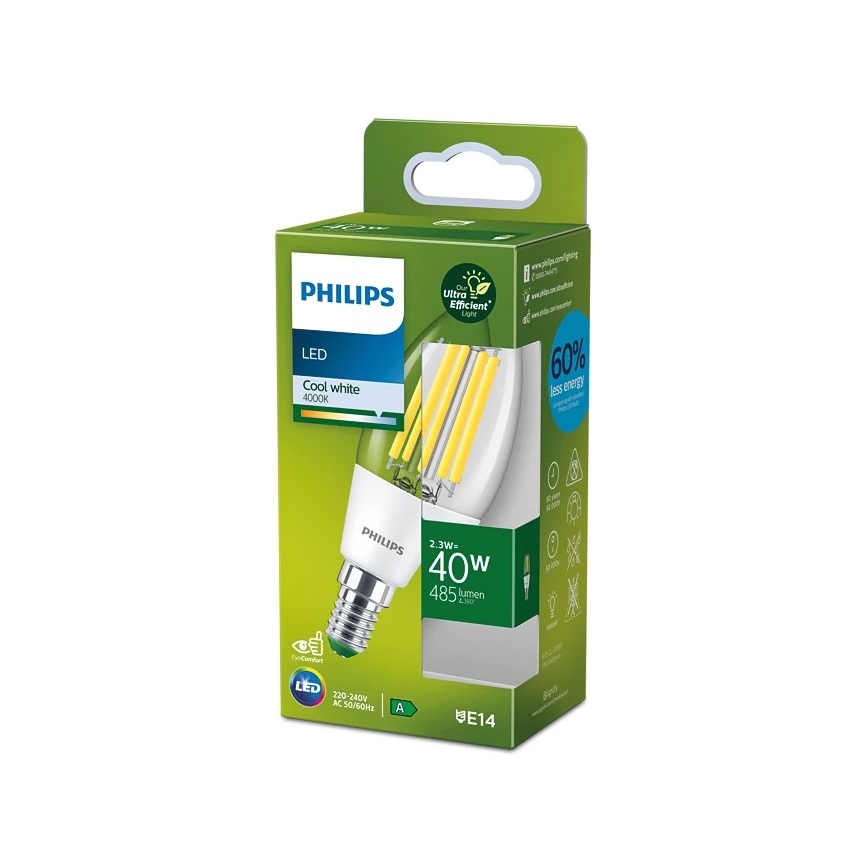 LED žiarovka Philips s chladným bielym svetlom (4000K), 2,3W, 40W ekvivalent, 485 lúmenov, pätica E14, balená v kartónovej škatuli. Uvádza 60% úsporu energie.