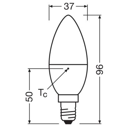 LED svietidlo tvaru sviečky s rozmermi 96 mm na výšku a 50 mm na šírku, s priemerom hornej časti 37 mm, je znázornené s technickým výkresom, ktorý ukazuje umiestnenie žiarovky označené Tc.