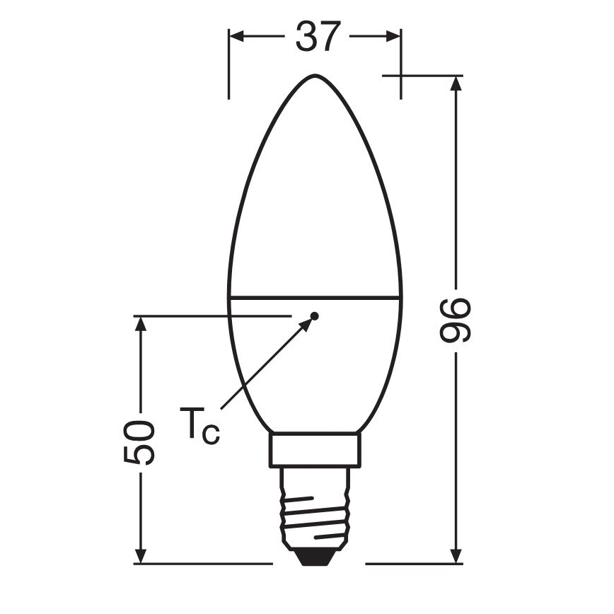 LED svietidlo tvaru sviečky s rozmermi 96 mm na výšku a 50 mm na šírku, s priemerom hornej časti 37 mm, je znázornené s technickým výkresom, ktorý ukazuje umiestnenie žiarovky označené Tc.