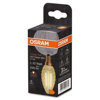 LED žiarovka OSRAM Vintage 1906, 2,5 W, je zobrazená v kartónovej krabici. Žiarovka má tvar hrušky a bronzový podstavec E14. Krabica uvádza údaje: 22 Watt, 220 lm, 360°, teplá biela farba.