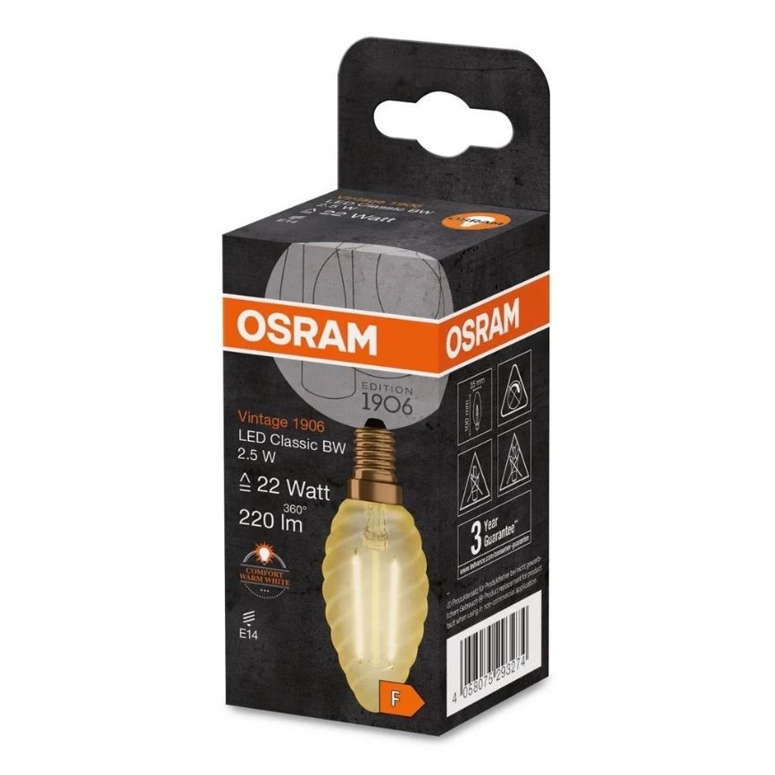 LED žiarovka OSRAM Vintage 1906, 2,5 W, je zobrazená v kartónovej krabici. Žiarovka má tvar hrušky a bronzový podstavec E14. Krabica uvádza údaje: 22 Watt, 220 lm, 360°, teplá biela farba.