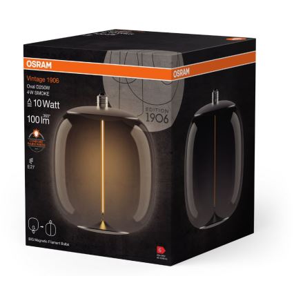 Žiarovka OSRAM Vintage 1906, oválny tvar, dymové sklo, 4W, svieti. Balenie ukazuje žiarovku s parametrami: 10W, 100lm, 360°, E27, označenie „Comfort Warm White“.